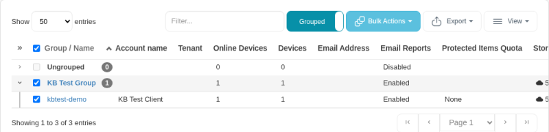 Users list in the grouped view with the Group / Name column, an Ungrouped row and a group expanded to show its user