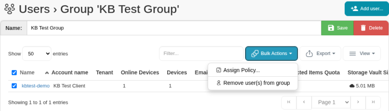 Group page with the Name field, Save and Delete buttons, and the Bulk Actions menu open showing Assign Policy and Remove user(s) from group