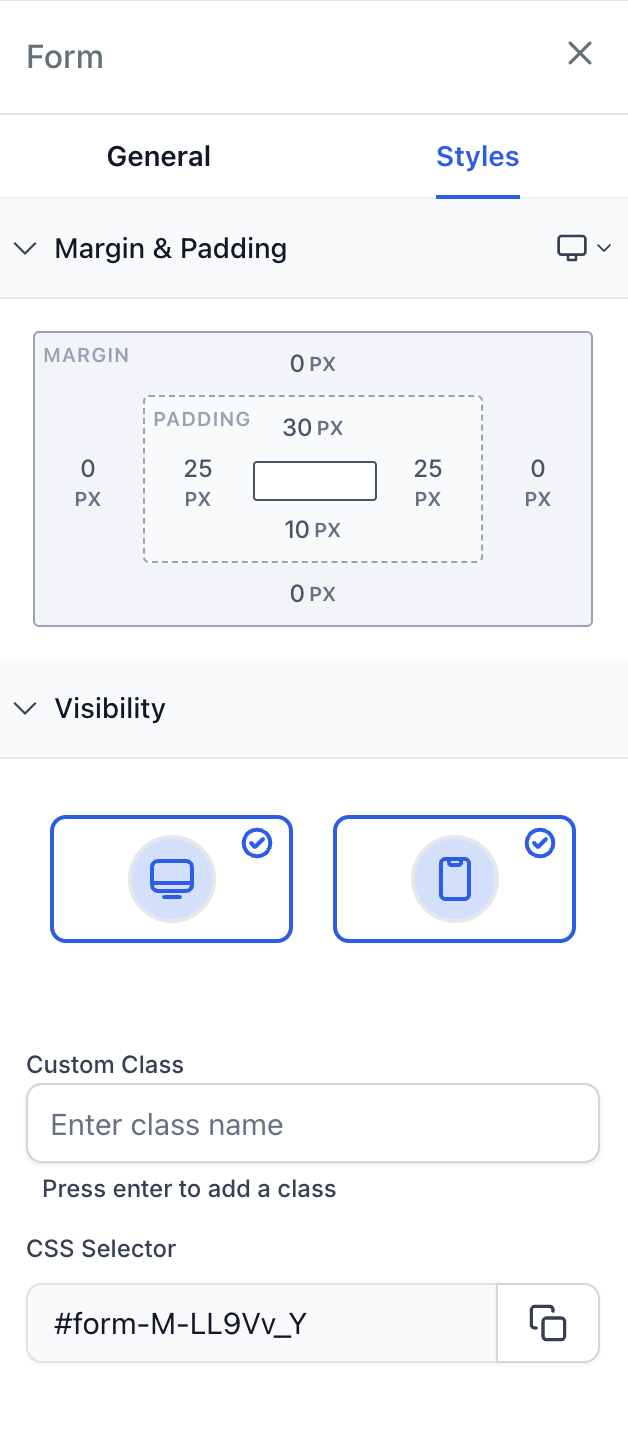 Form Styles Options Panel