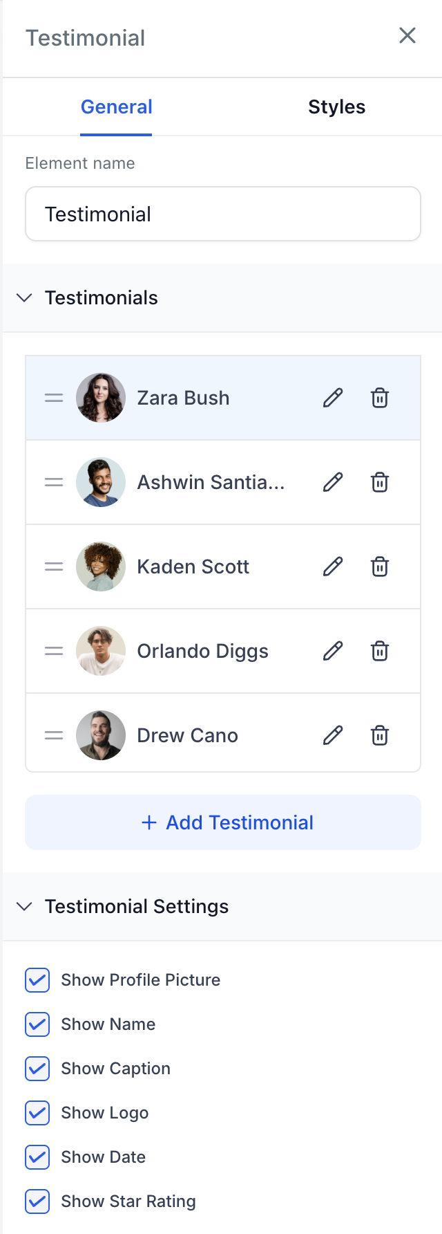 Testimonials General Options
