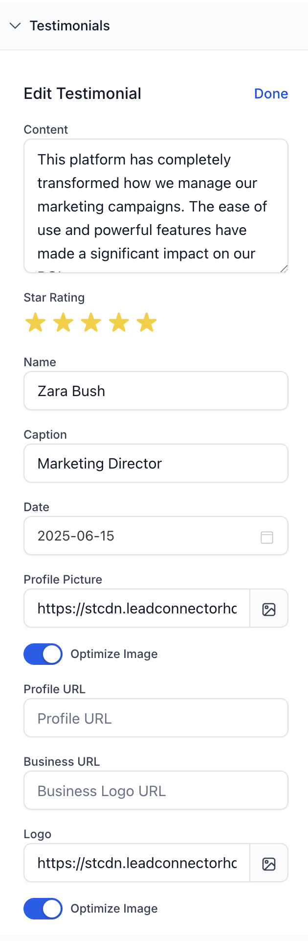 Editing Testimonials Panel