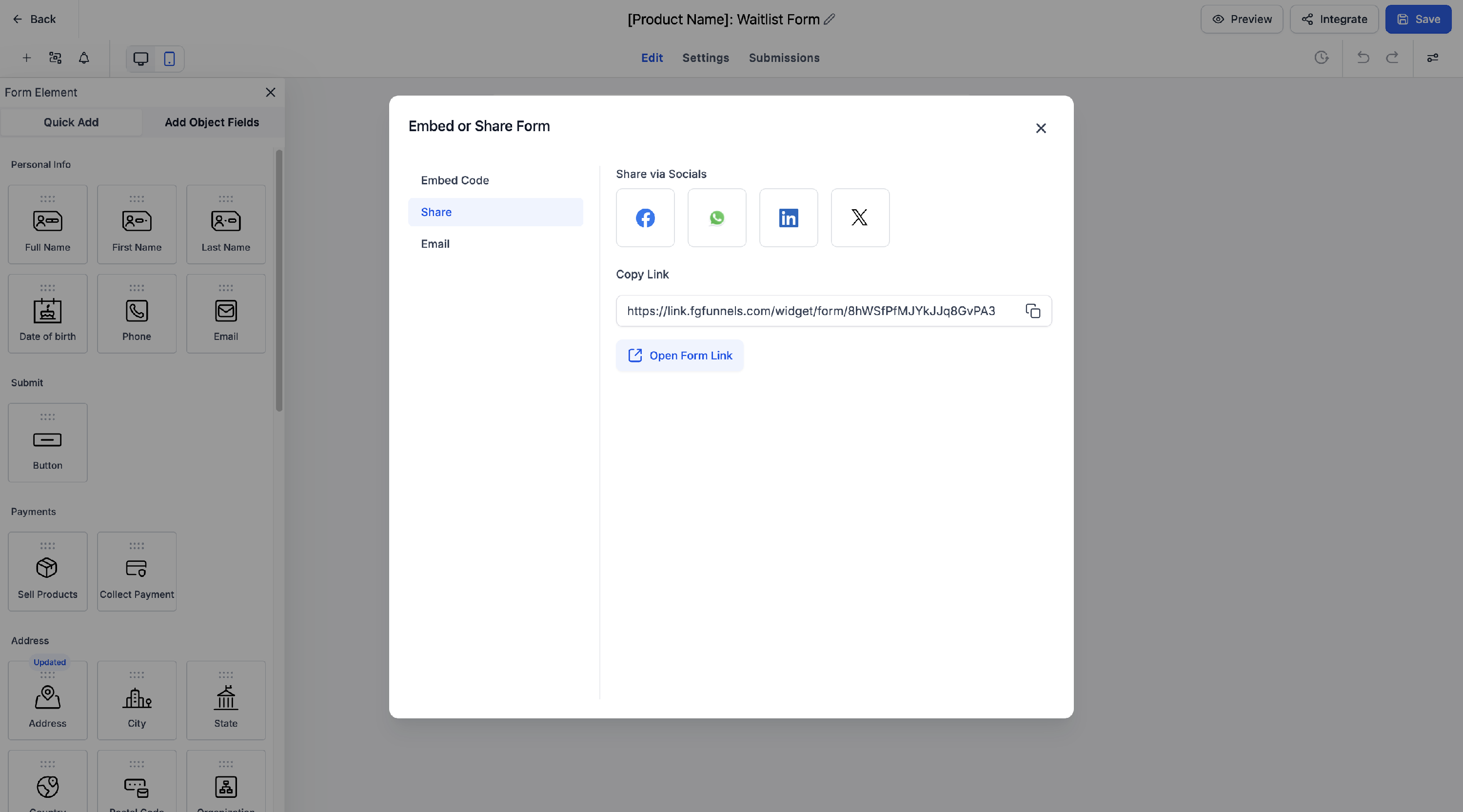 Screenshot of the Form builder direct Share link menu