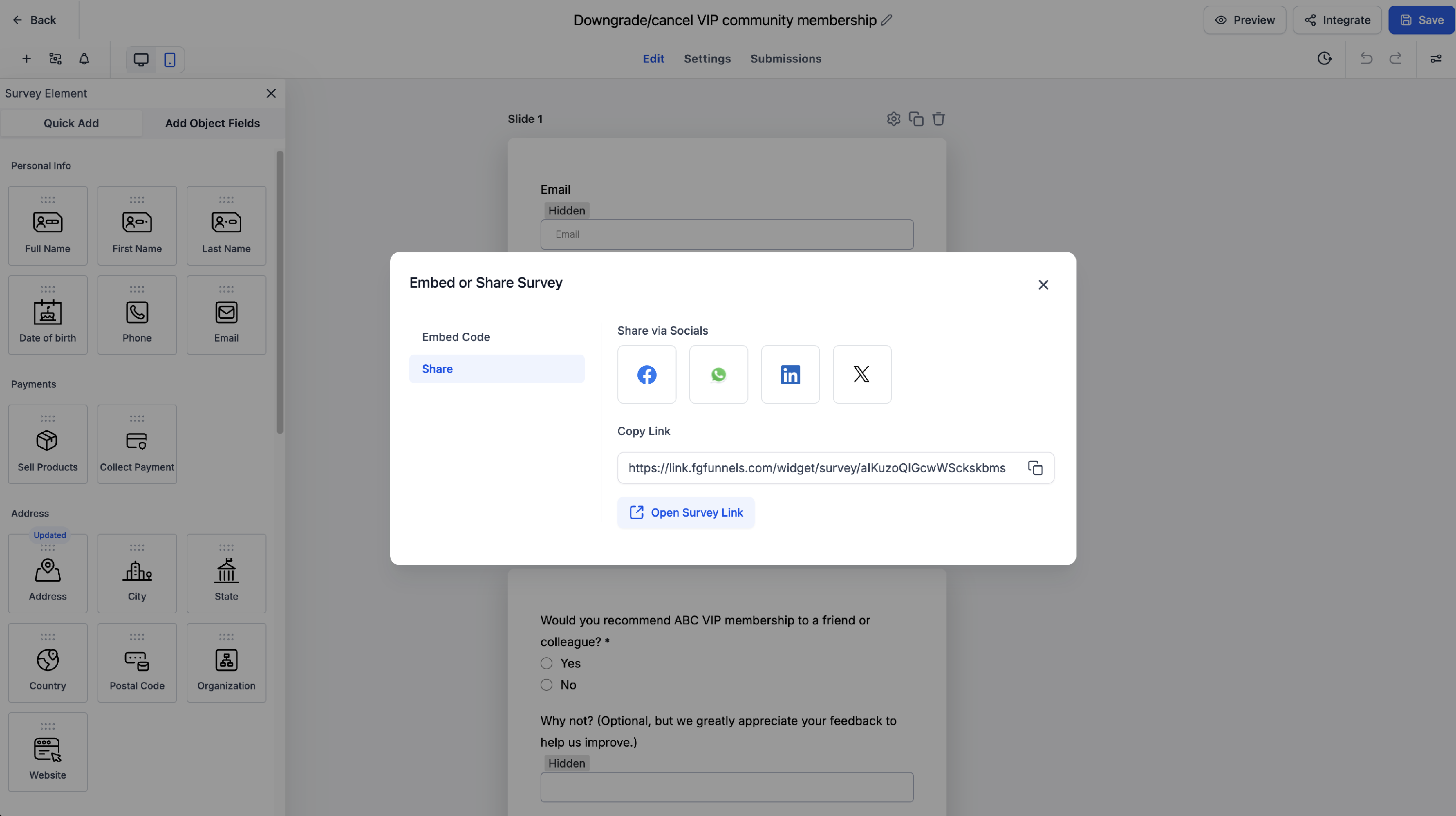 Screenshot of the Survey builder direct Share link menu.