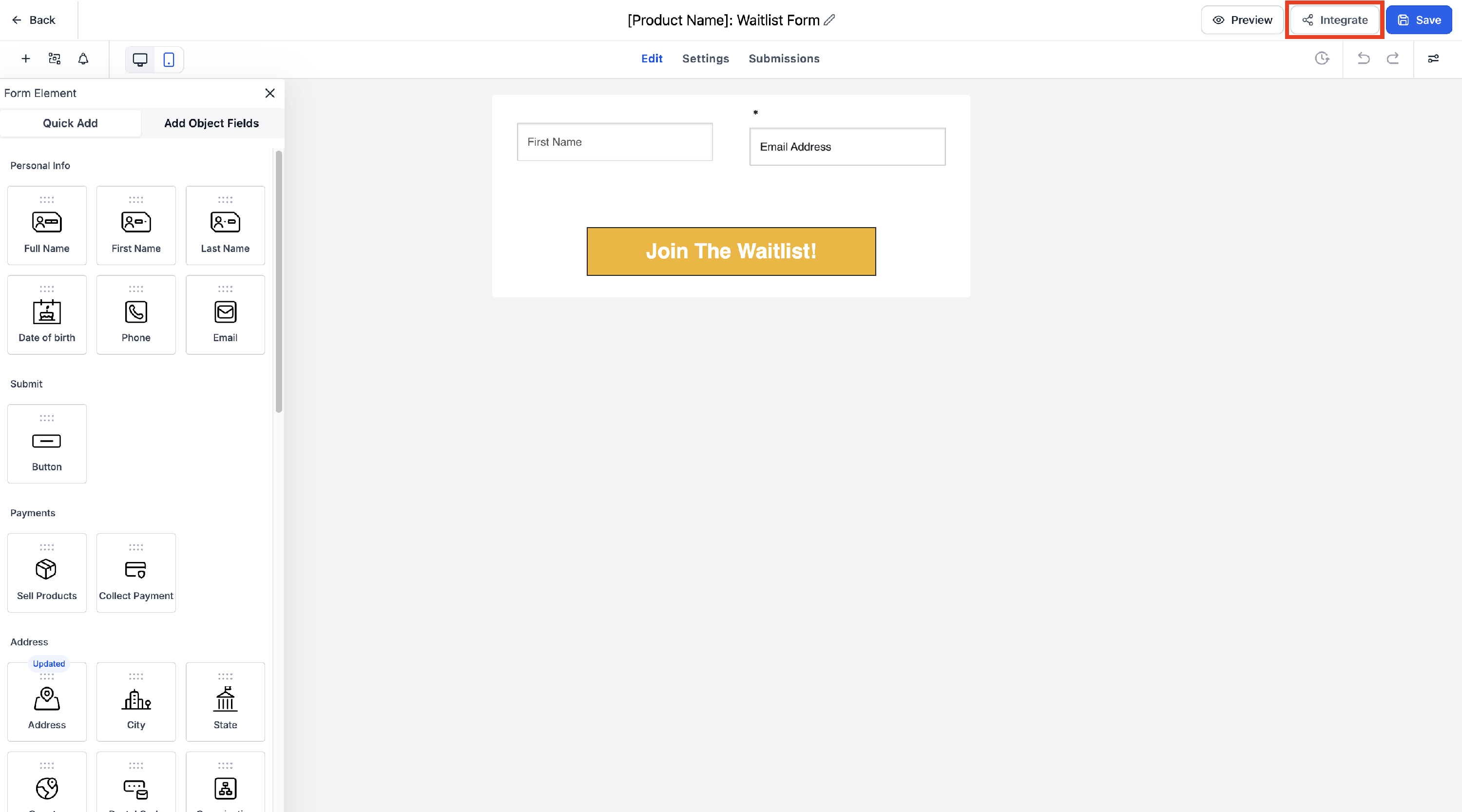 Screenshot of form builder with Integrate button outlined in the top right corner of the screen, to the right of the Preview button, and the left of the Save button.
