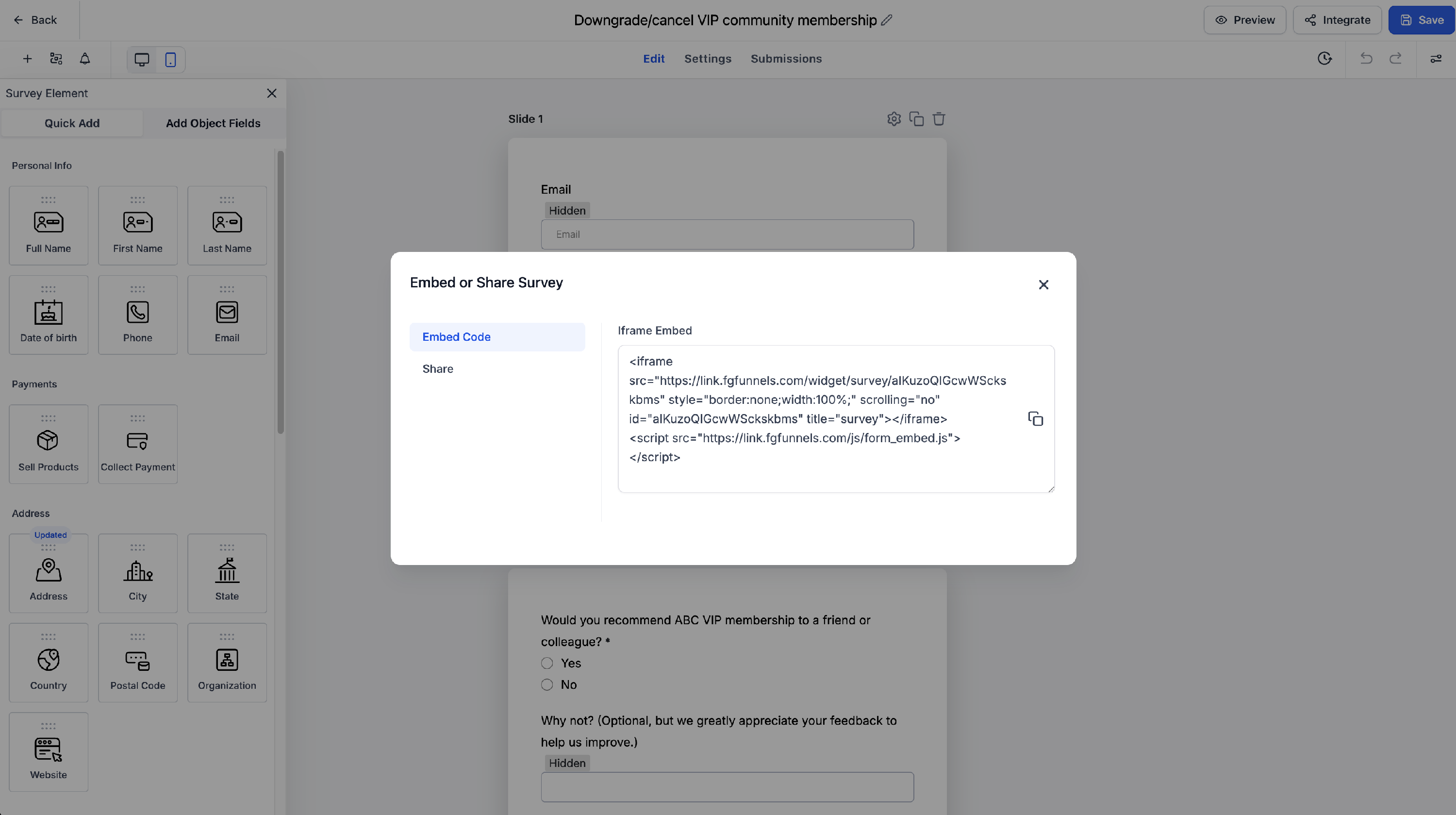 Screenshot of the Survey builder Embed Code menu.