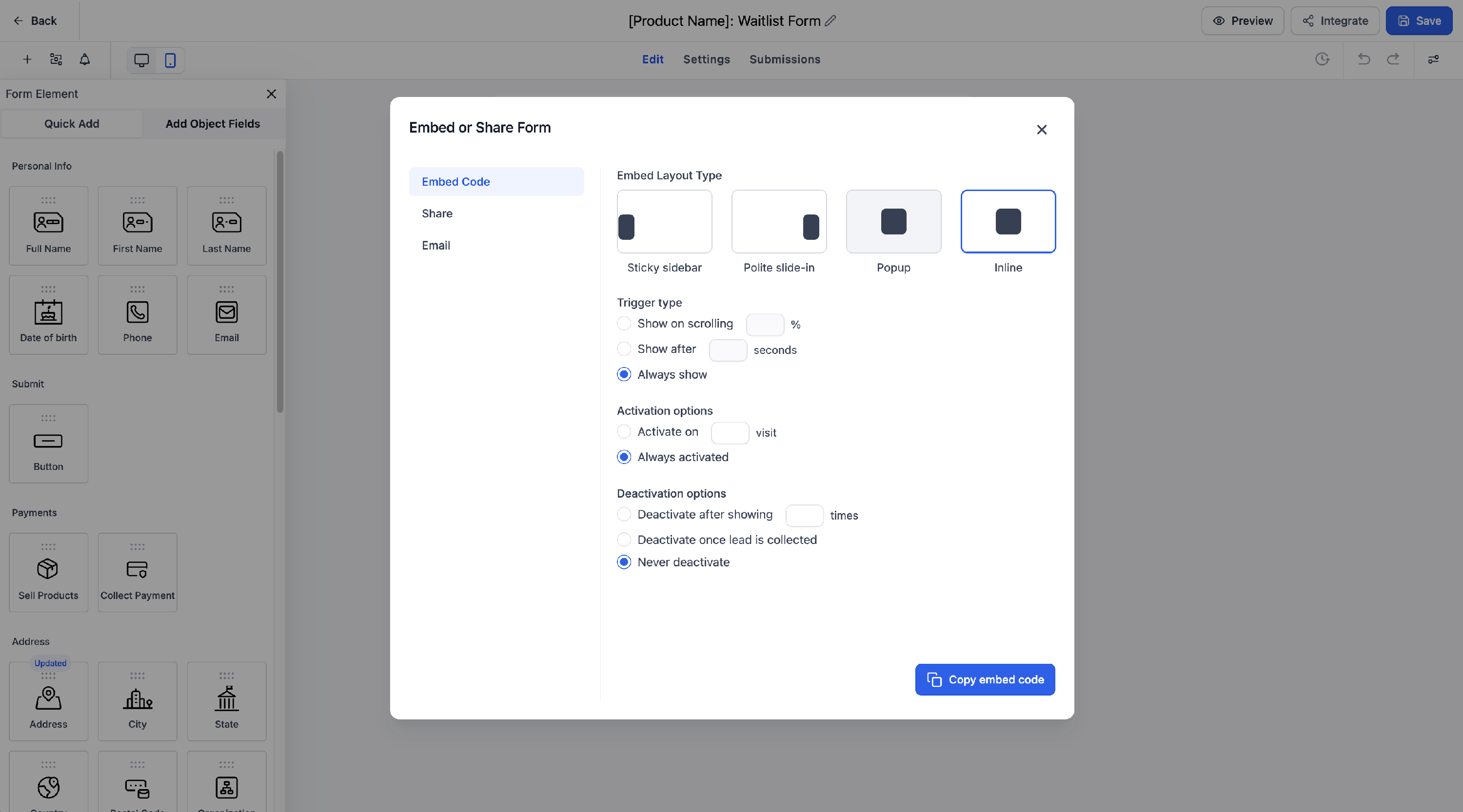 Screenshot of the Form builder Embed Code menu.