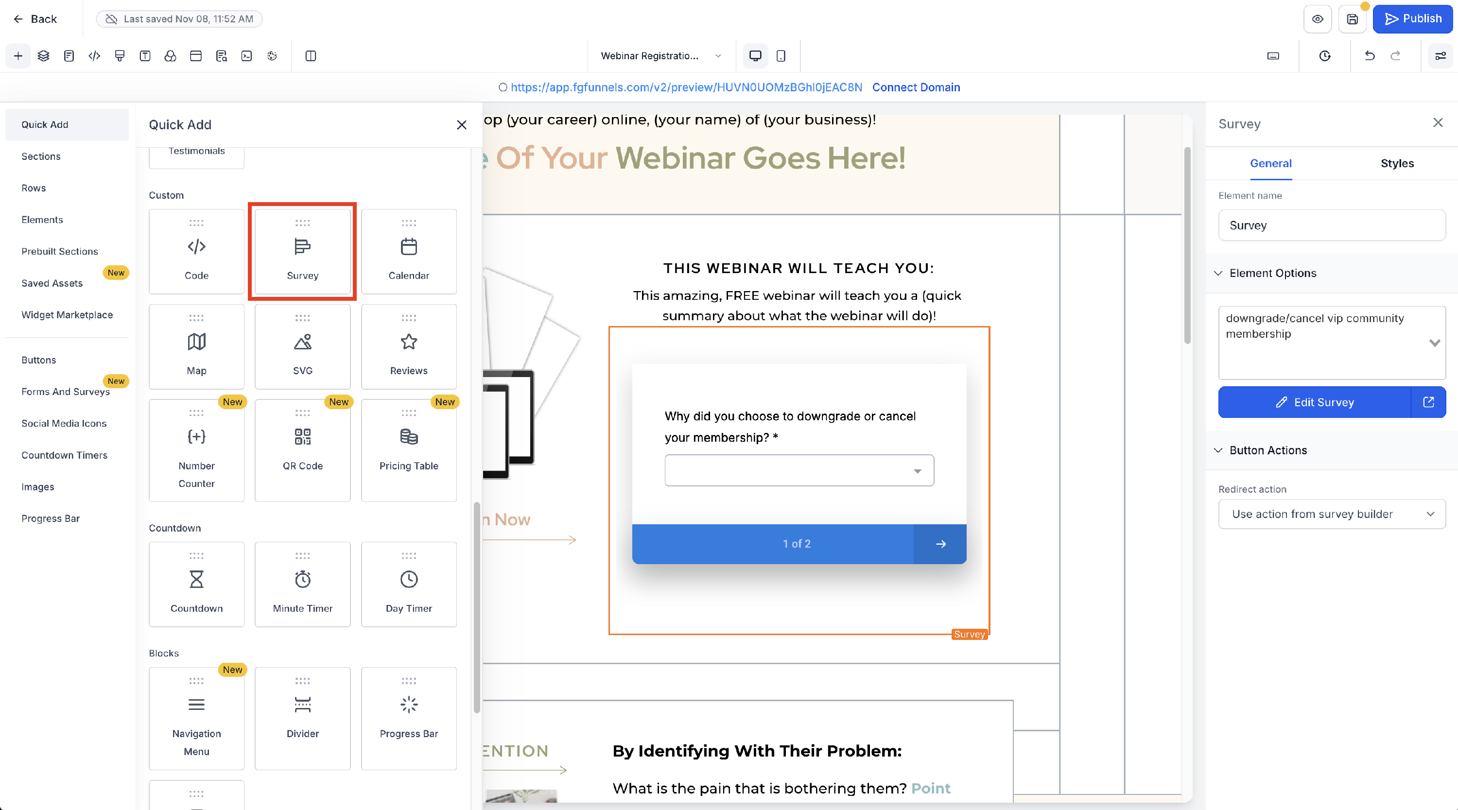 Screenshot of adding a survey element in the funnel page builder.