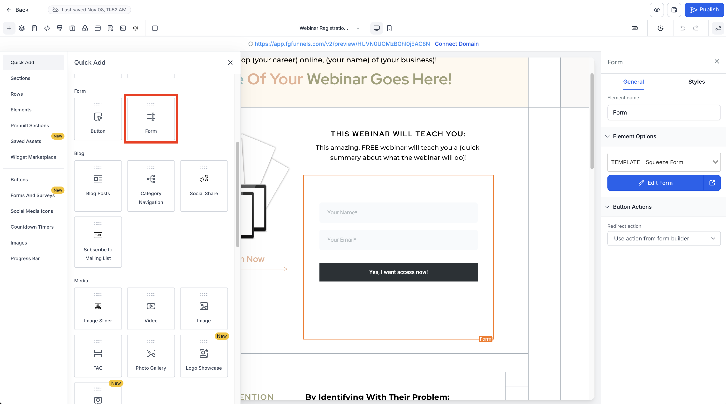 Screenshot of adding a form element in the funnel page builder.
