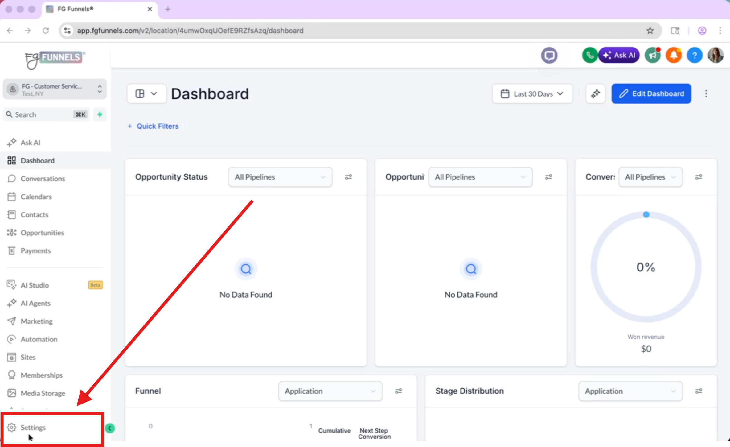 From the dashboard page click Settings at the bottom of the left menu.
