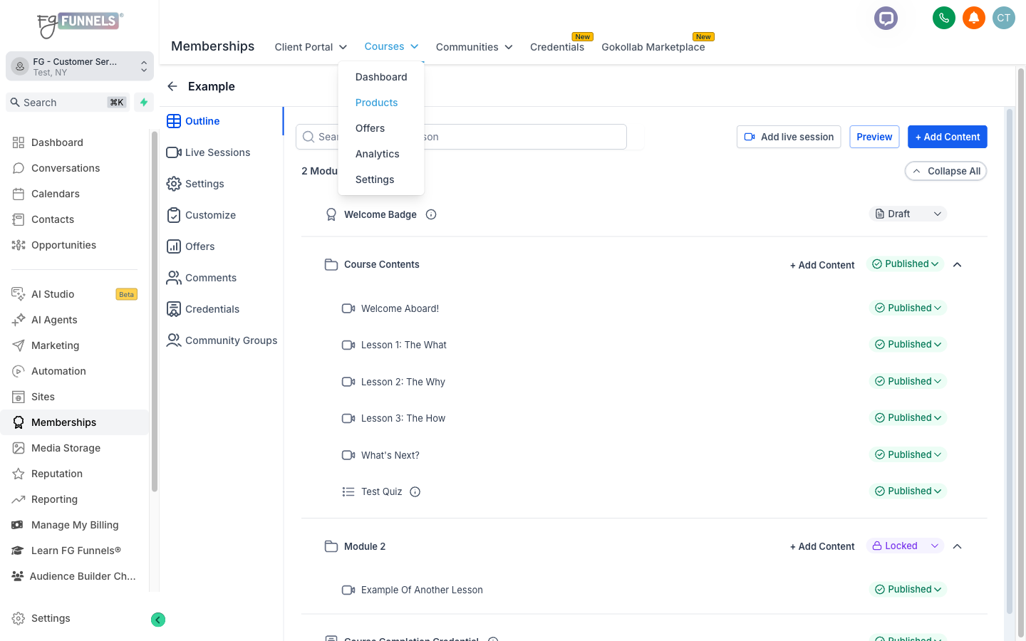 the Courses dropdown with Products selected