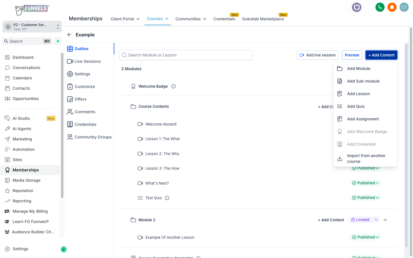 the Add Content menu with Add Quiz and Add Assignment