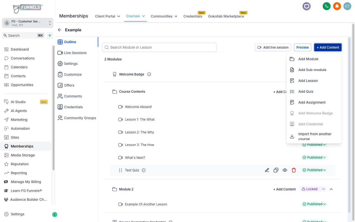 content row with status and action icons