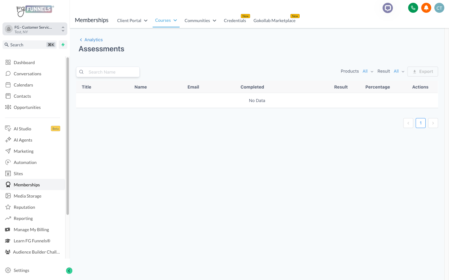the assessment results table with filters