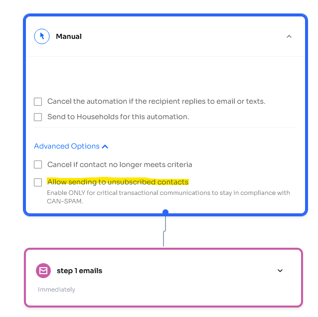 Manual automation Advanced Options showing the 'Allow sending to unsubscribed contacts' checkbox