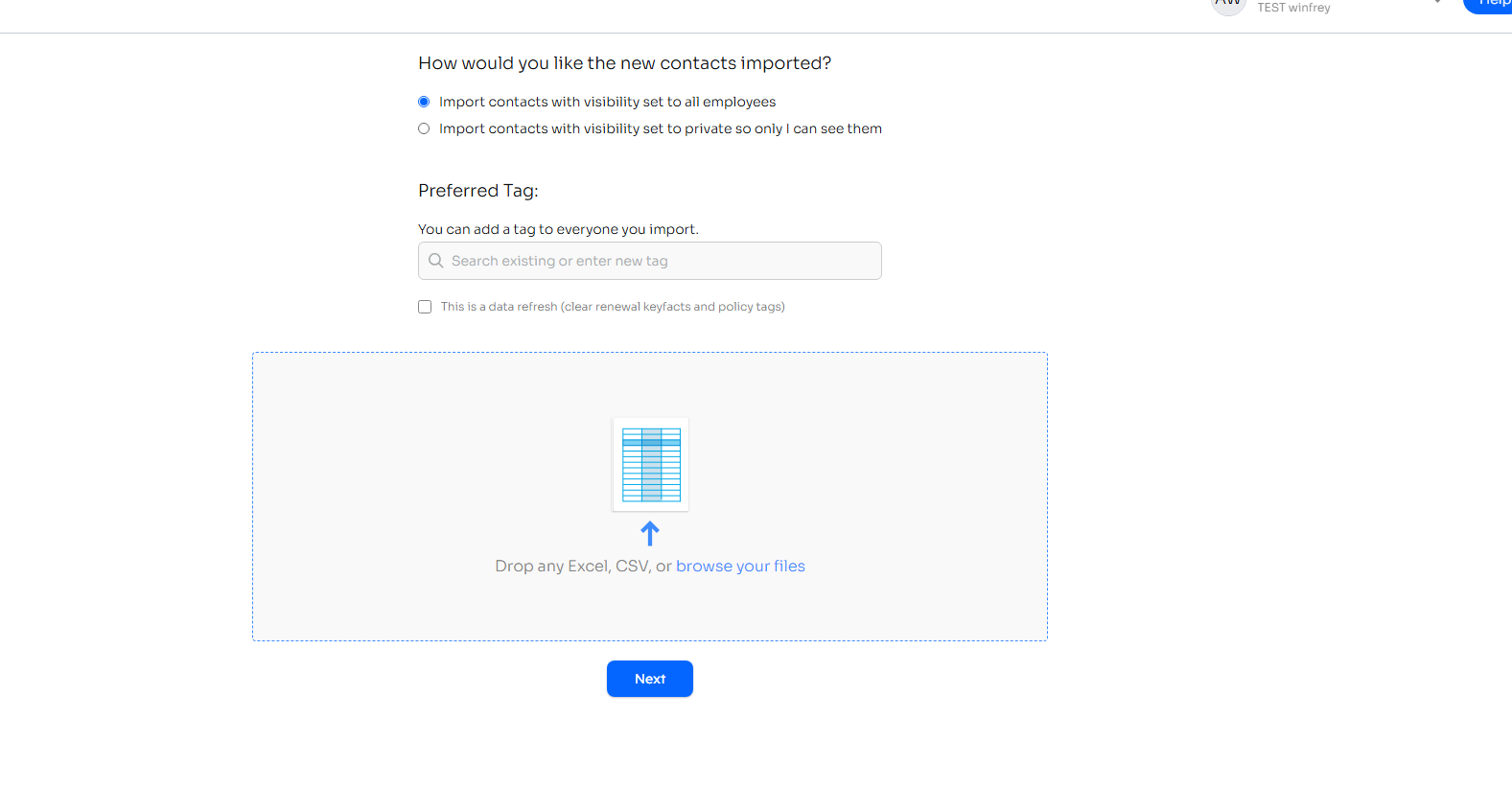 Spreadsheet import step showing visibility options and a Preferred Tag field for tagging every imported contact