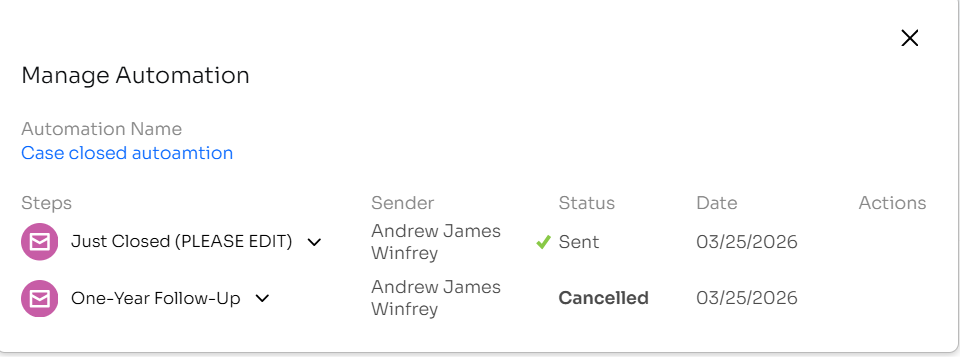 Manage Automation panel showing per-step Sender, Status (Sent / Cancelled), and Date columns