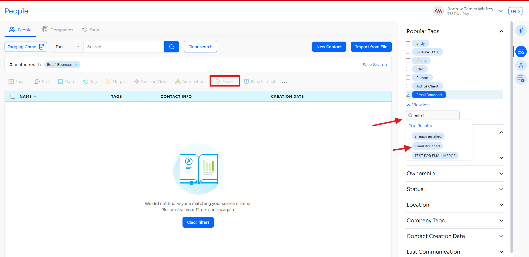 Contacts page with the Email Bounced filter applied and the Export action highlighted