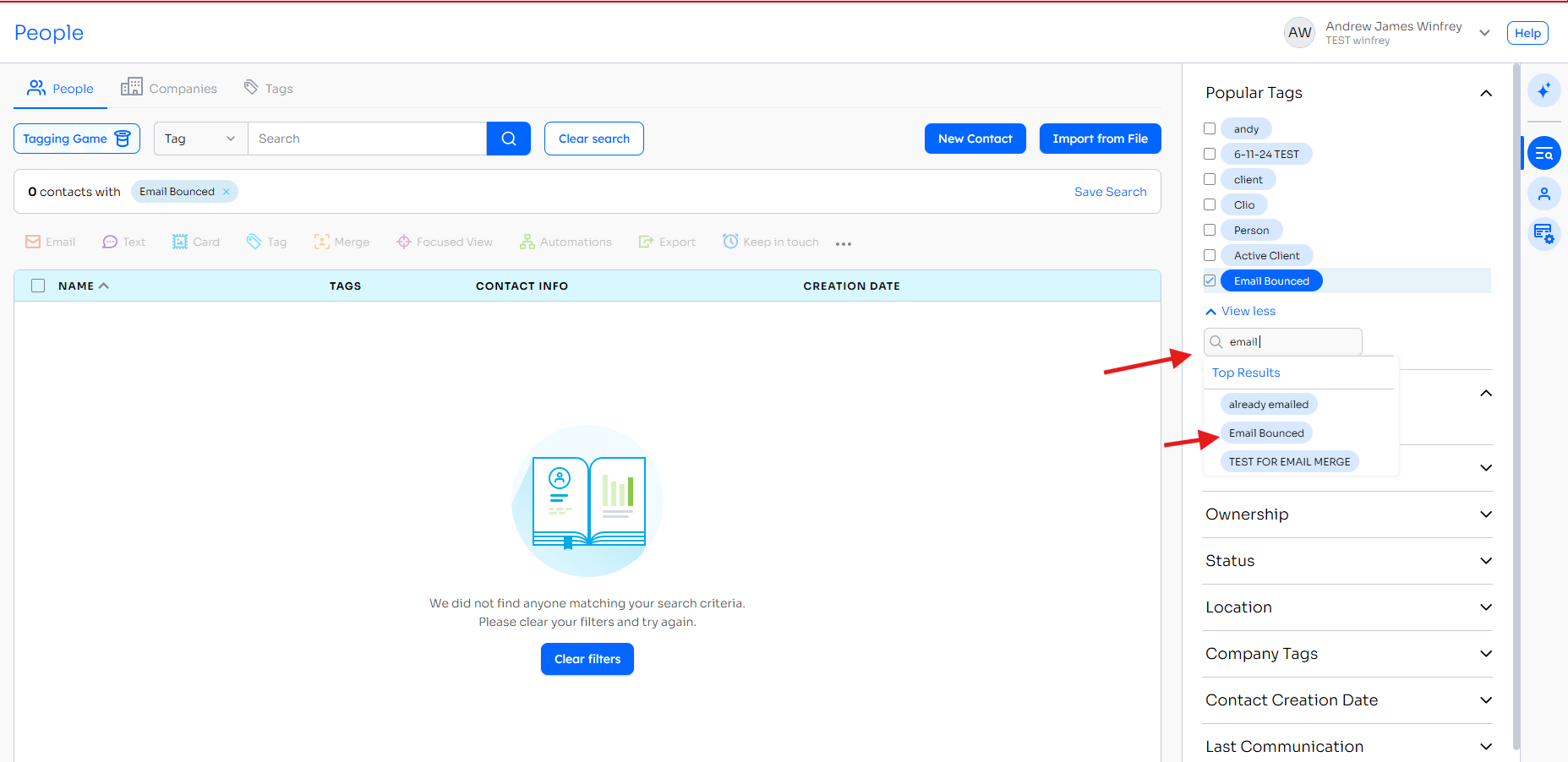 Contacts page with Email Bounced selected from the Popular Tags filter
