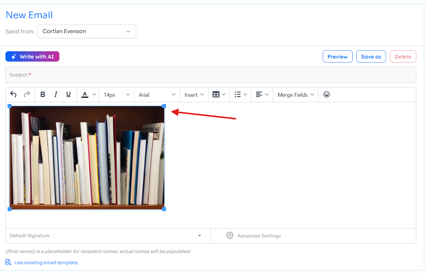 Email composer with an image selected, showing blue corner handles for resizing