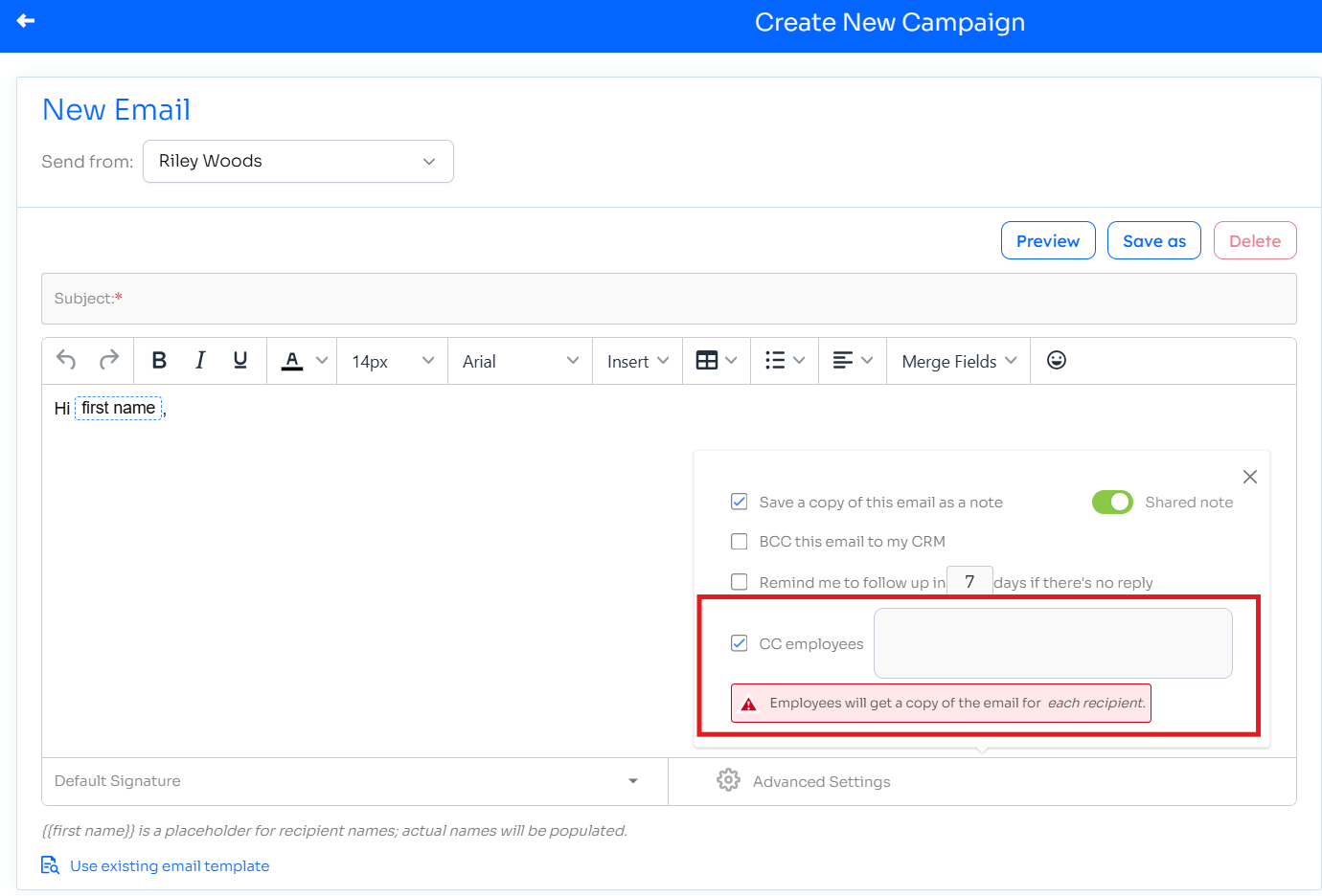 Email composer showing the CC employees checkbox and warning under Advanced Settings