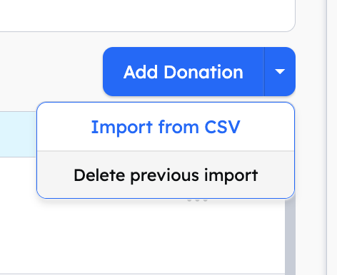 Add Donation button with dropdown showing 'Import from CSV' and 'Delete previous import' options
