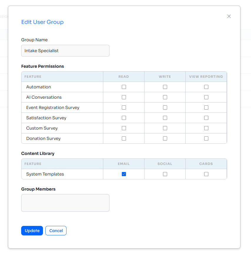 User Groups settings modal showing Feature Permissions (Automation, AI Conversations, four survey types) and the Content Library section with Email, Social, and Cards checkboxes