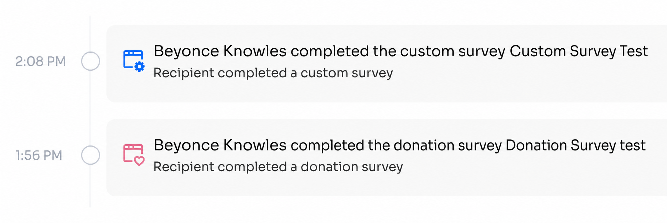 Contact history timeline showing a Custom Survey response card with question and answer details
