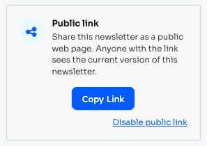 Public link card after enabling, showing the Copy Link button and the Disable public link option