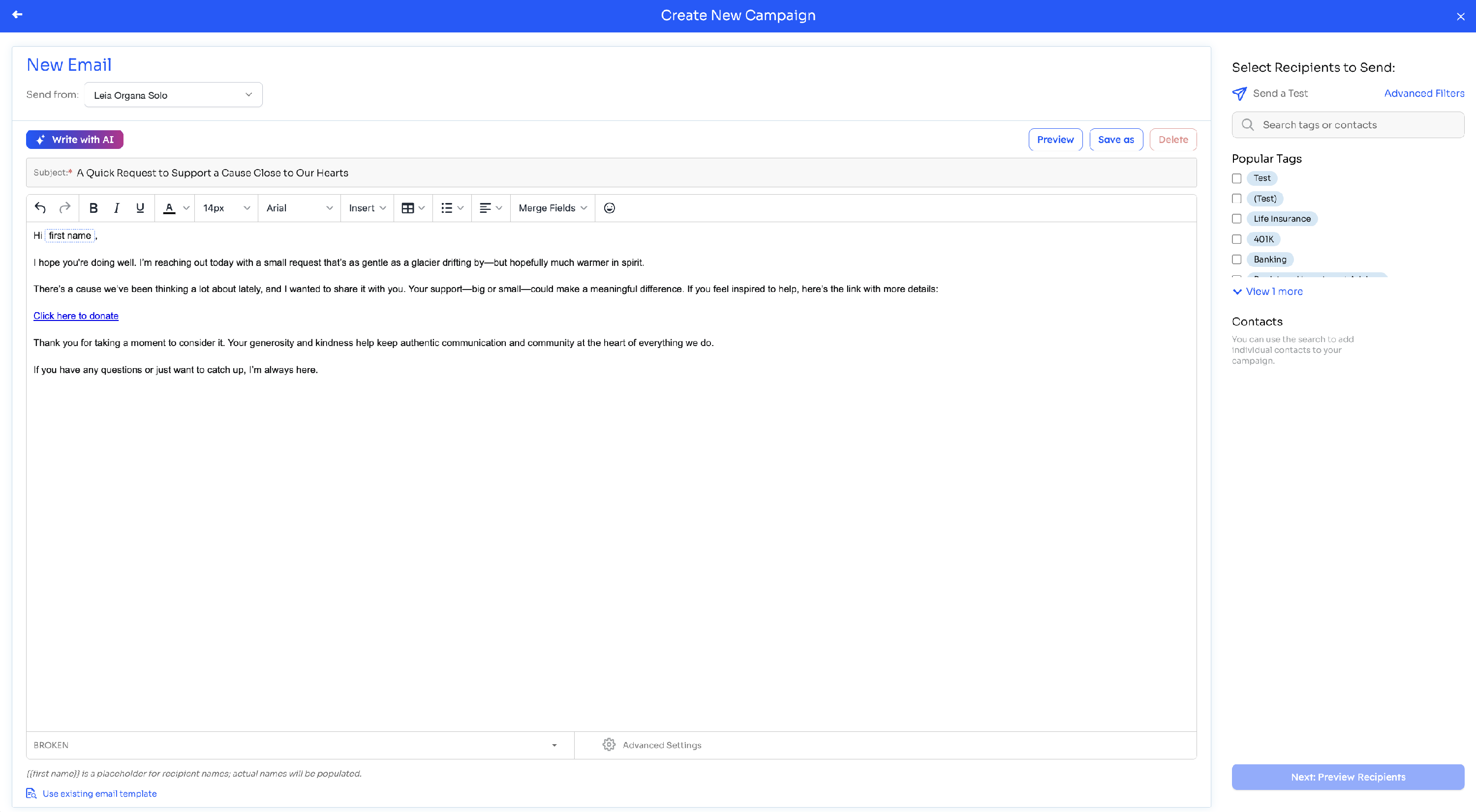 Email composer showing a pasted donation survey URL automatically converted to a 'Click here to donate' link