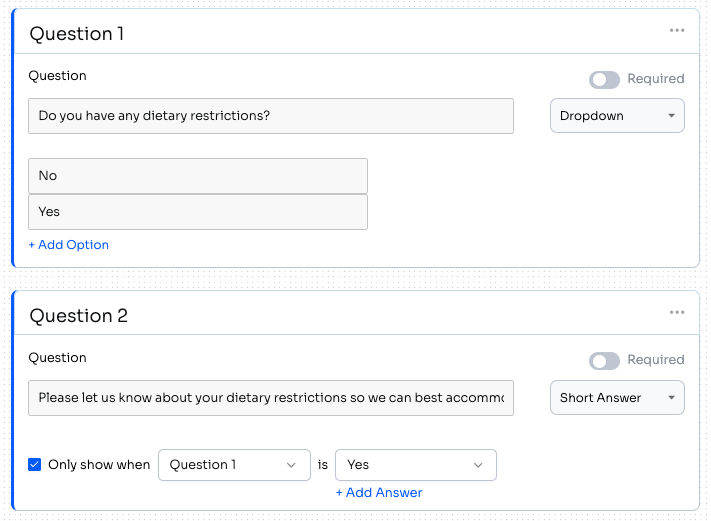 Event Registration survey builder showing a question with a visibility condition configured based on a dropdown answer