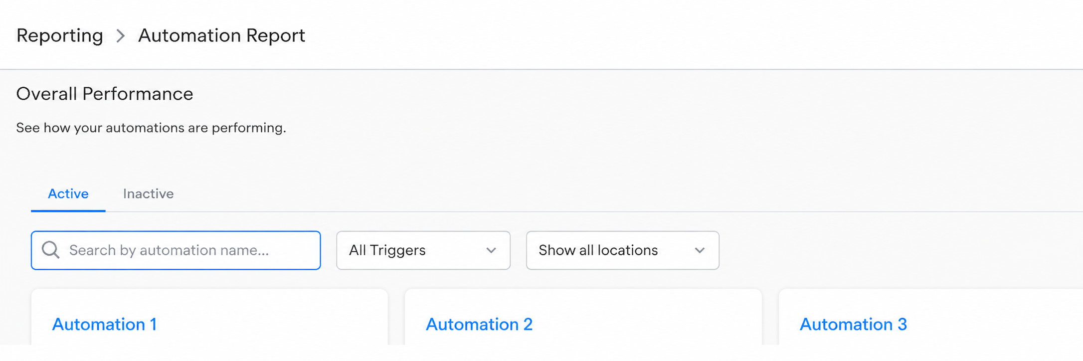 Automations reporting board showing the filter bar with search, creator, trigger type, and status filters
