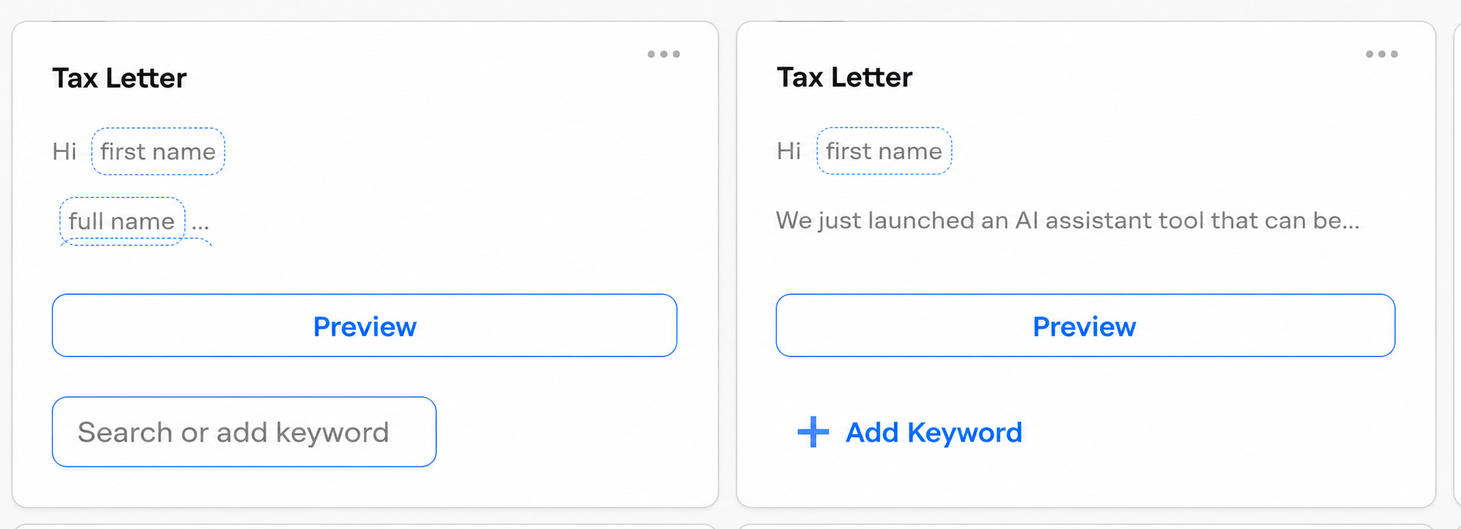 Email template card showing the keyword selector combobox with search input and pill-style keyword chips