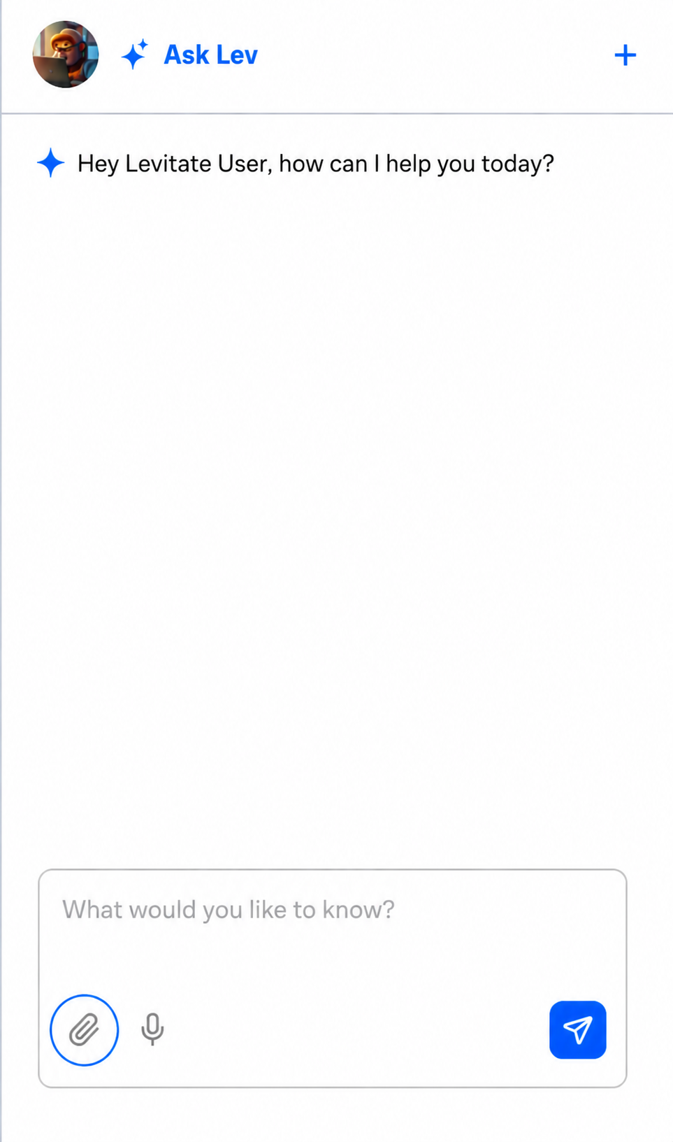Ask Lev AI chat input showing the file attachment (paperclip) button