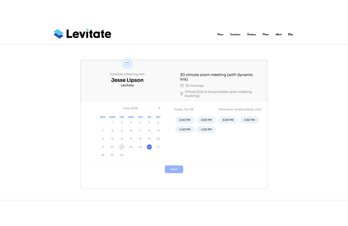 A public Levitate booking page for a 30 minute Zoom meeting, noting the virtual link will be provided upon booking.