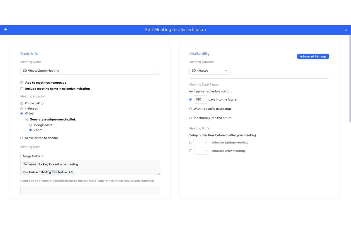 The meeting-type editor with Meeting Location set to Virtual, Generate a unique meeting link checked, and Zoom selected.