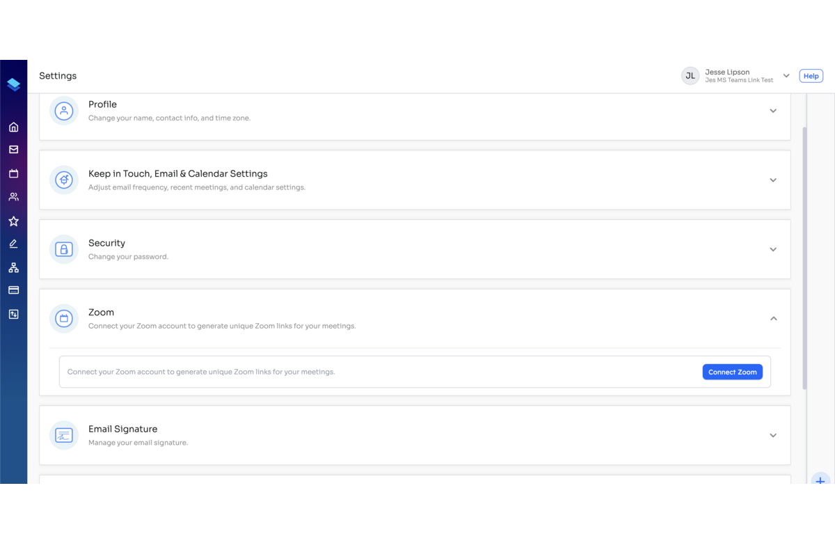 The Zoom section of the Levitate Settings page, with a Connect Zoom button.