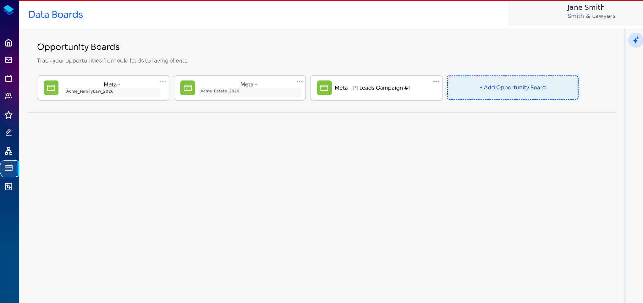 Data Boards page showing one Opportunity Board per Meta lead-gen campaign