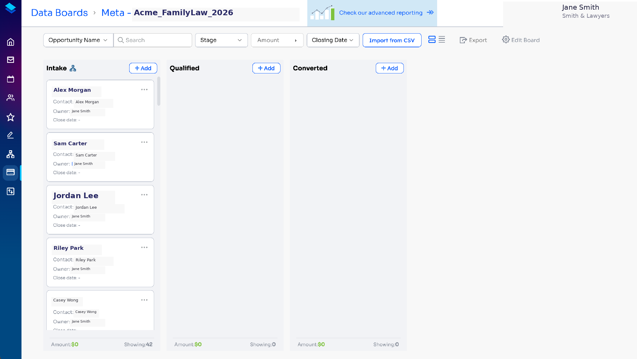 Opportunity Board showing new leads as cards in the Intake column