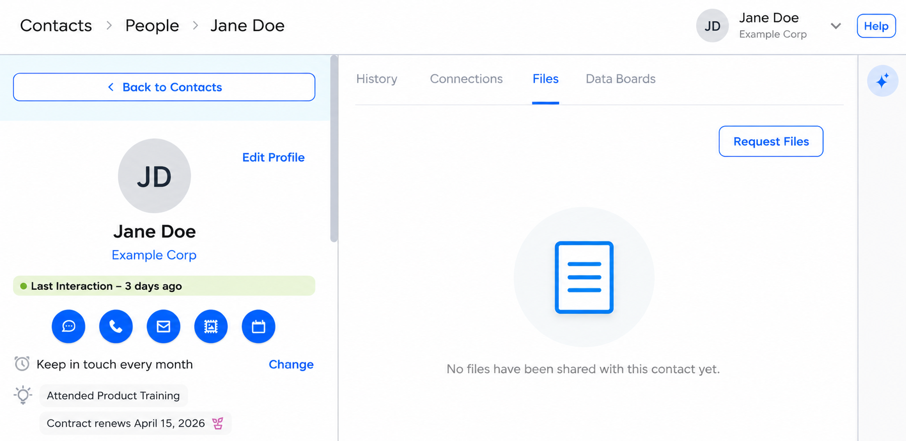 Contact profile with the Files tab open, showing the Request Files button and the empty-state message