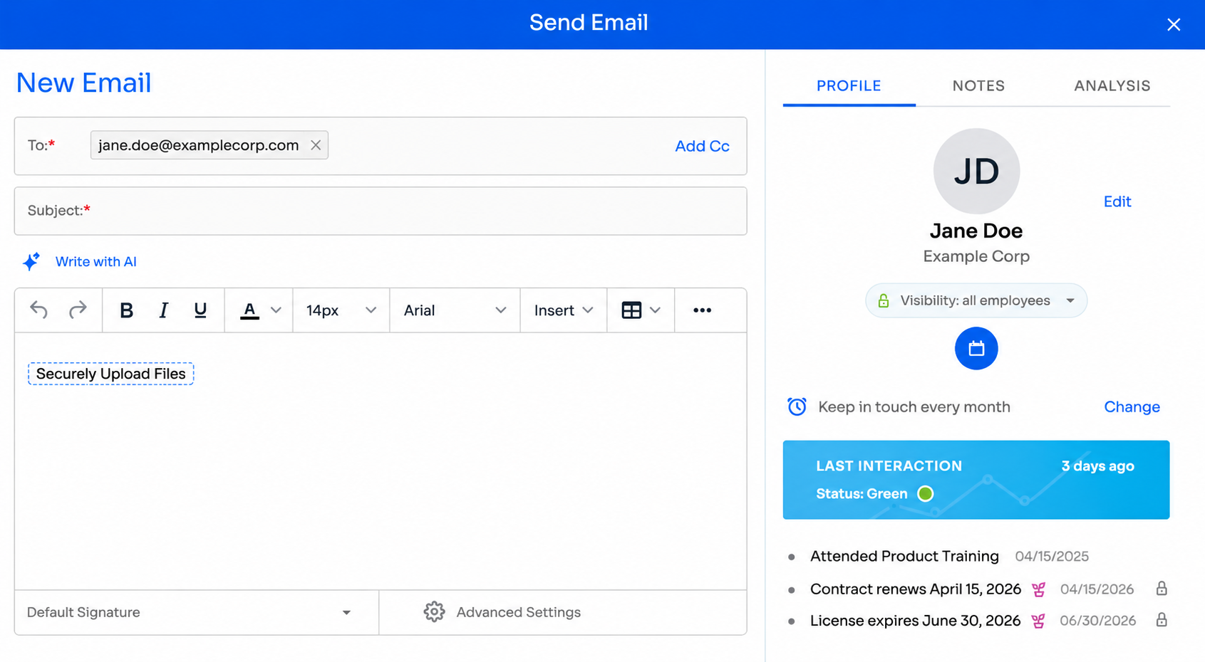 Email composer with the File Request merge field inserted in the message body