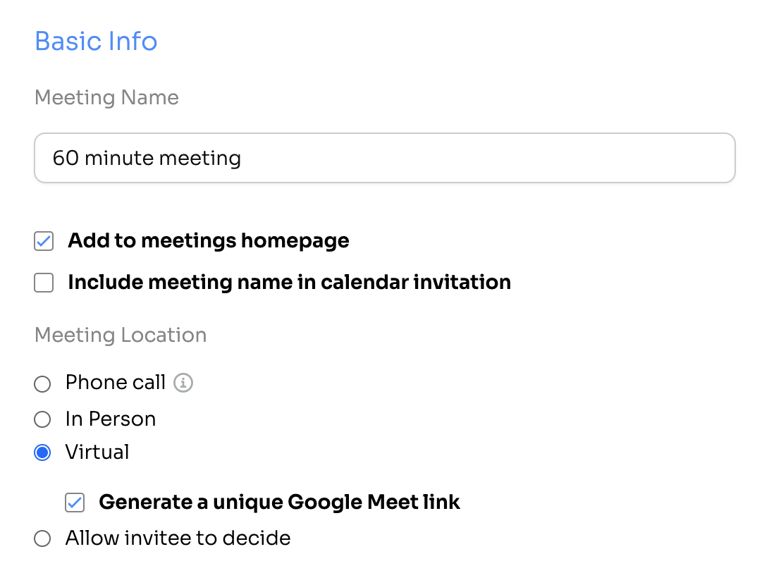 Meeting type Basic Info settings with Virtual selected and Generate a unique Google Meet link checked