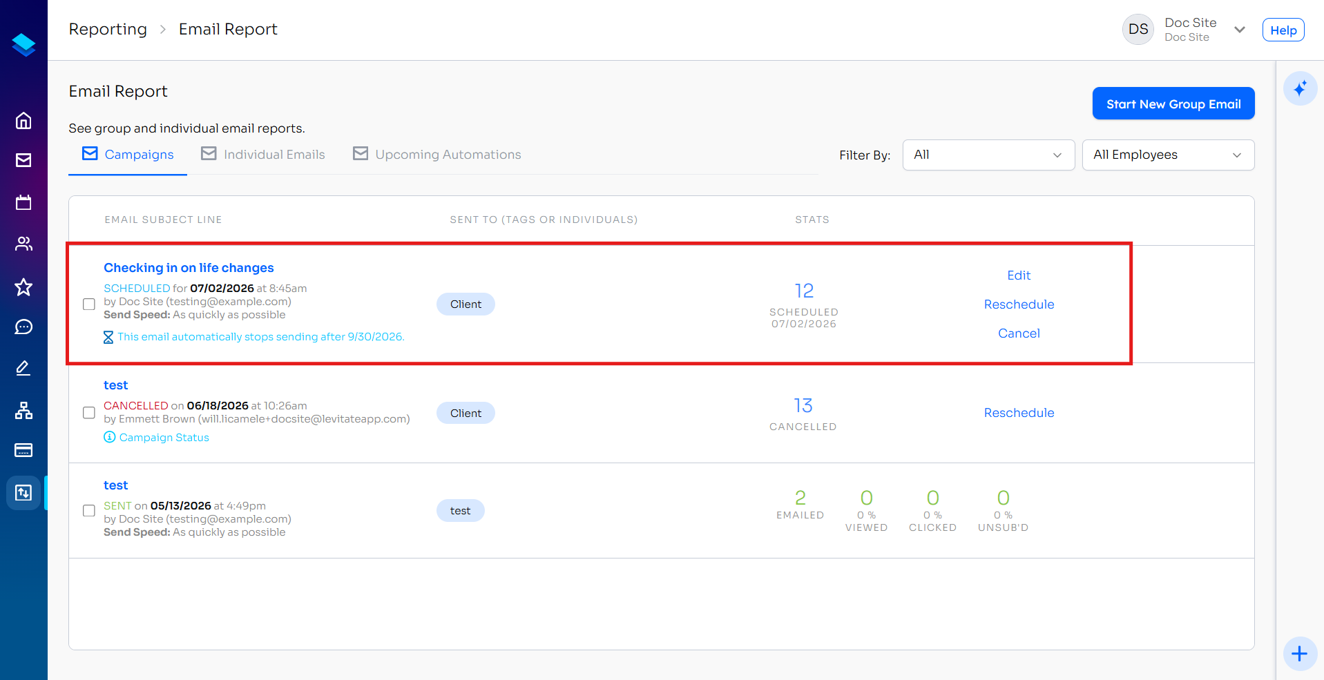 Email Report page showing a scheduled campaign sent on behalf of another user