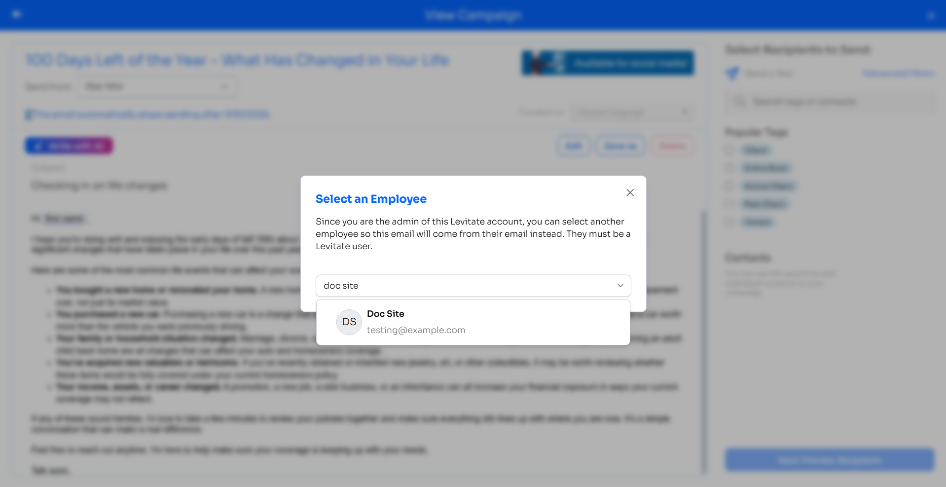 Select an Employee modal showing a user dropdown to choose which employee the email will send from