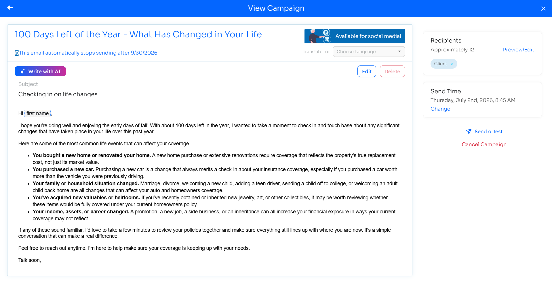 View Campaign page showing scheduled recipients and send time on the right panel