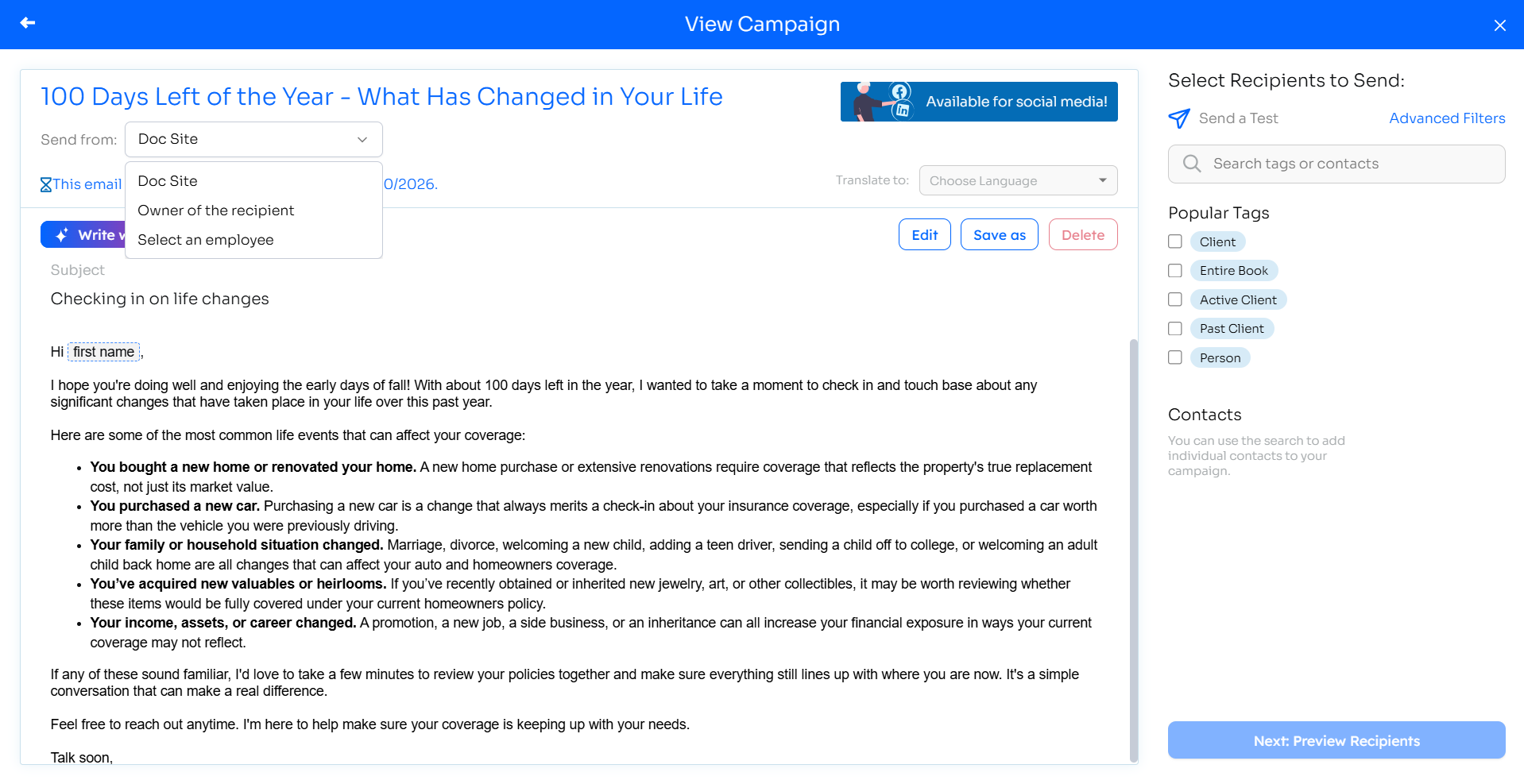 Send From dropdown expanded showing Doc Site, Owner of the recipient, and Select an employee options