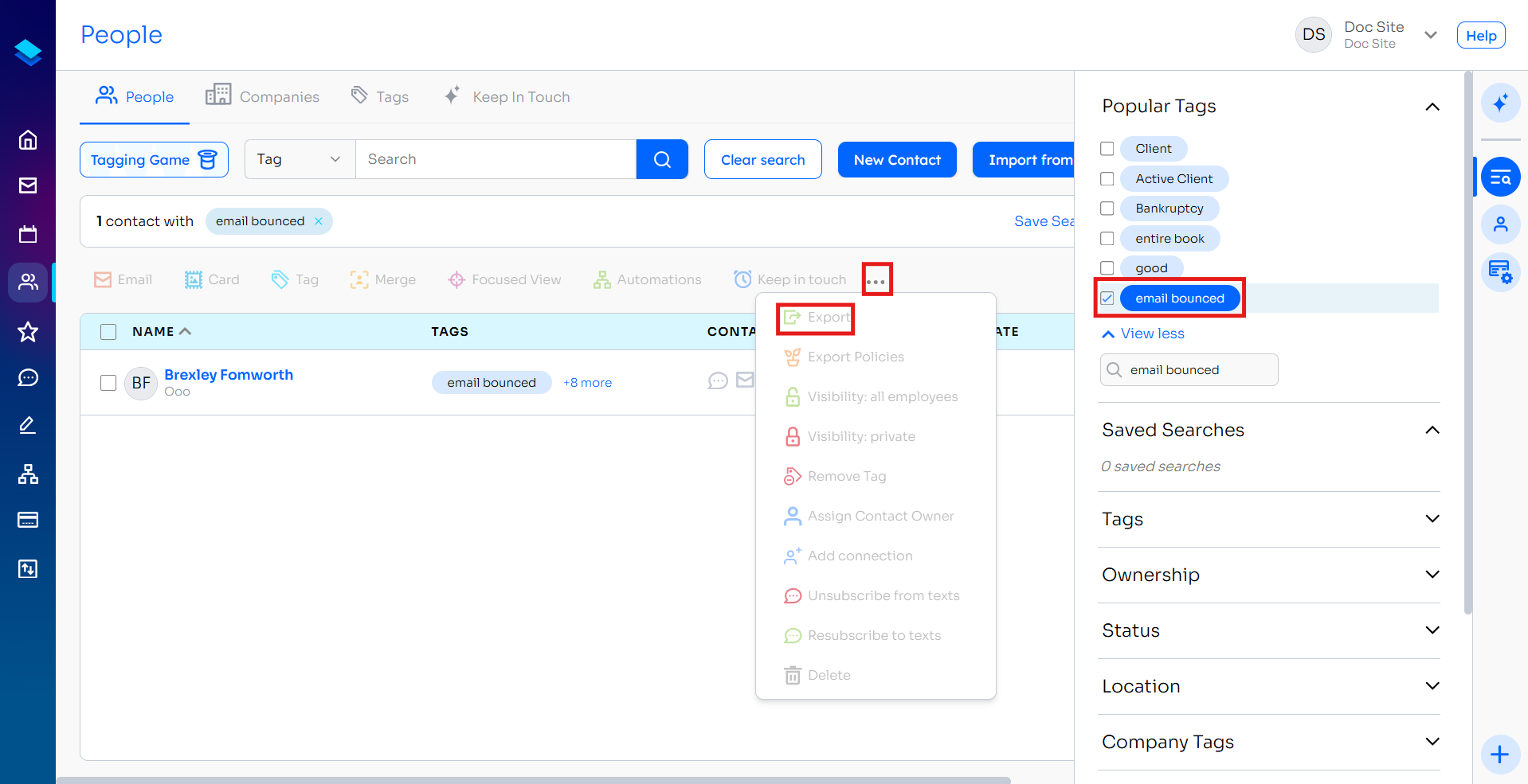 Contacts page with the Email Bounced filter applied and the Export action highlighted