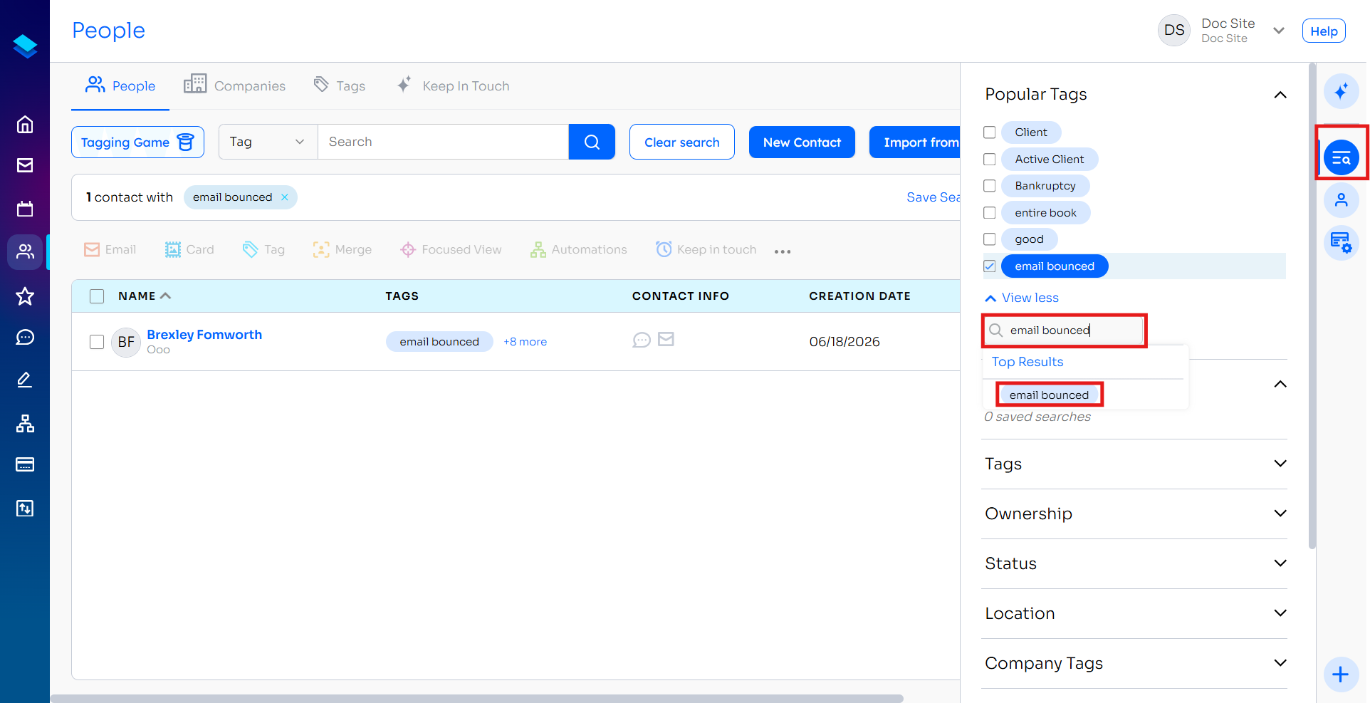 Contacts page with Email Bounced selected from the Popular Tags filter