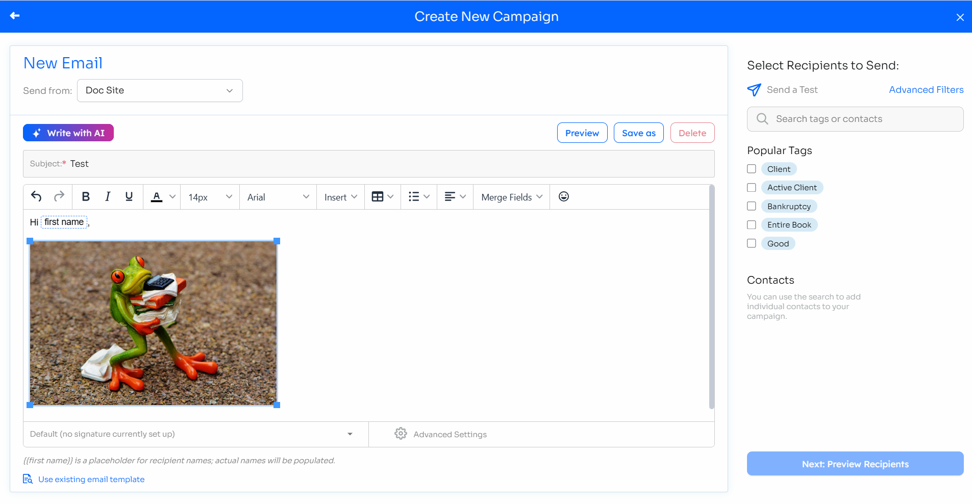 Email composer with an image selected, showing blue corner handles for resizing