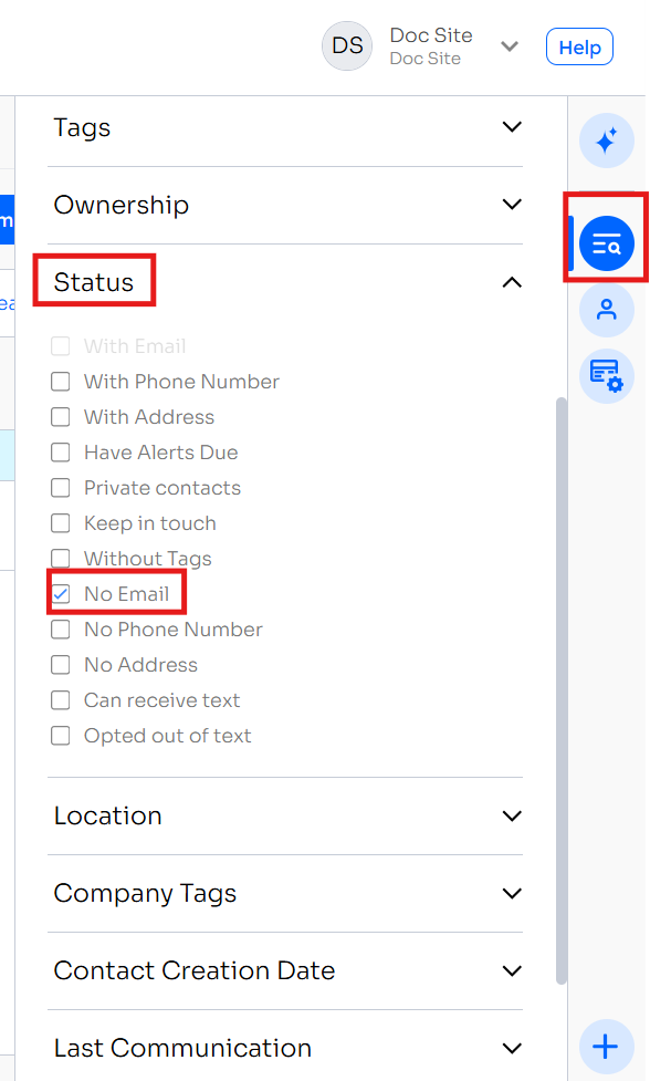 Contacts page with the Status filter open and No Email selected
