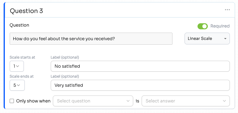 Linear Scale question editor with Scale starts at, Scale ends at, and optional labels